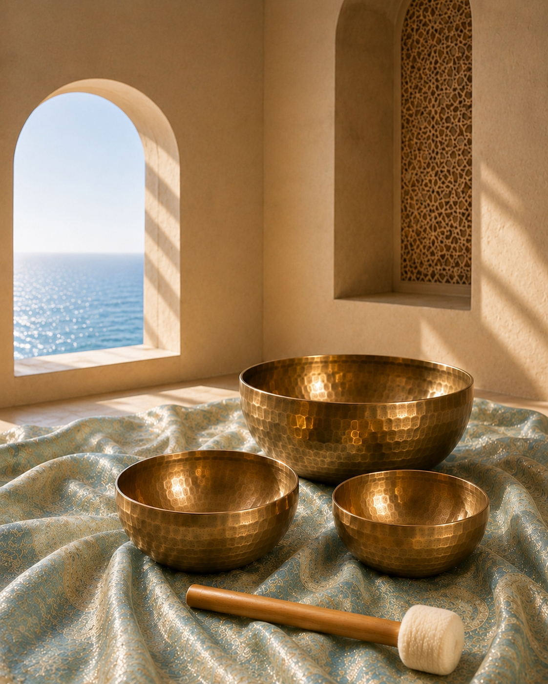 Singing bowls in a warm hotel atmosphere overlooking the sea